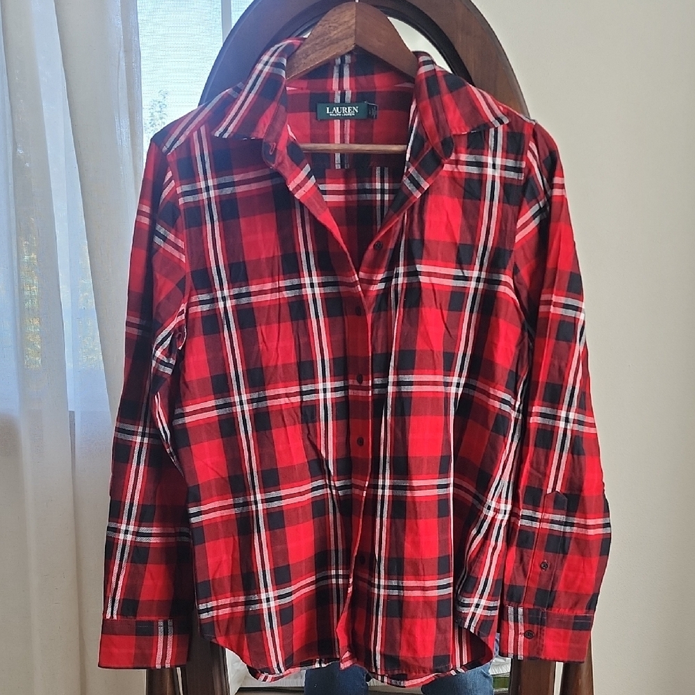 Lauren Ralph Lauren Red Black Plaid Flannel Grunge Cabincore Shirt - Picture 2 of 5